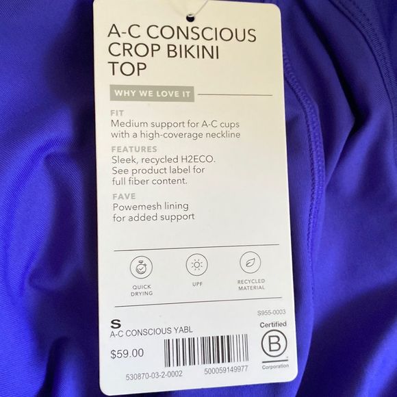 Athleta A-C Conscious Crop Bikini Top Yacht Blue Small NWT​ - Picture 3 of 7